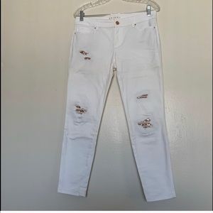 WHBM White Destructed Rose Gold Sequin Jeans